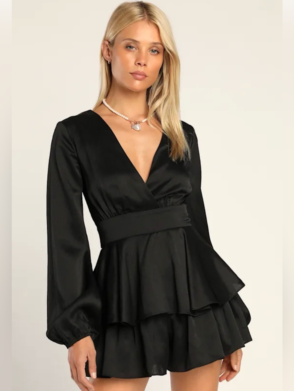 Lulus Tiered Satin Black Romper Dress Mini Dress Long Sleeve Size XL